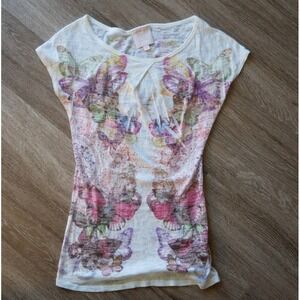 Romeo & Juliet Couture Womens Butterfly Graphic Print Top Short Sleeve White S